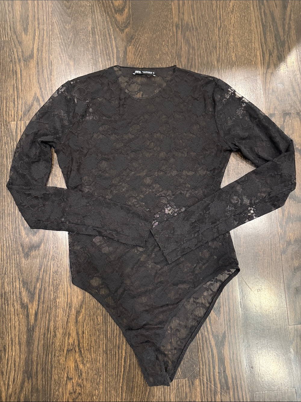 Zara Black Lace Long-Sleeve Sheer Bodysuit